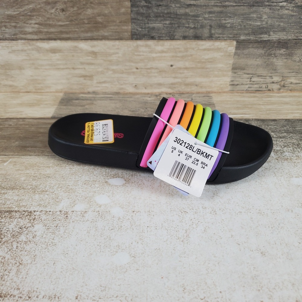 Skechers Girls Rainbow‎ Slides Sandal Sz 5 Black Multi Striped Open Round Toe